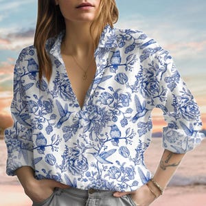 Botanical Linen-Look Shirt, Retro Flower Women Blouses, Nature Love Casual Shirt, Vintage Floral Shirt, Gardening Shirt For Summer