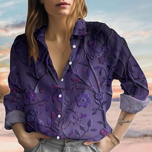 Boho Purple Floral Linen-Look Shirt, Retro Floral Flower Women Blouse, Long Sleeve Casual Shirt For Women, Gardening Shirt Gift For Her