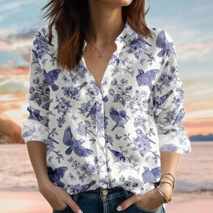 Blue Bird Floral Linen-Look Shirt, Vintage Nature Love Blouse Shirt, Flowers Women Shirt, Botanical Button Up Shirt, Gardening Shirt