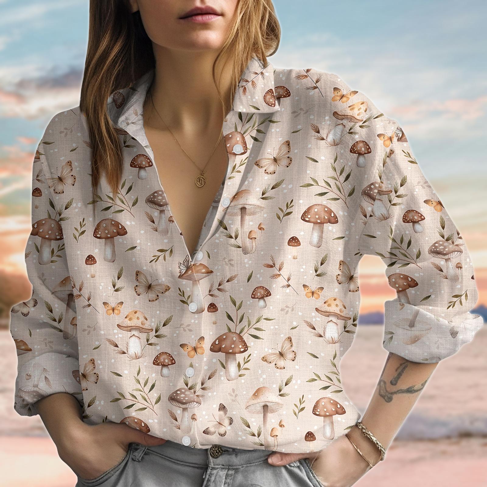 Discover Vintage Mushroom Goblincore Linen-Look Shirt, Nature Shirt, Garden Blouse Women Shirt, Mushroom Collector Blouse Shirt, Gift For Her