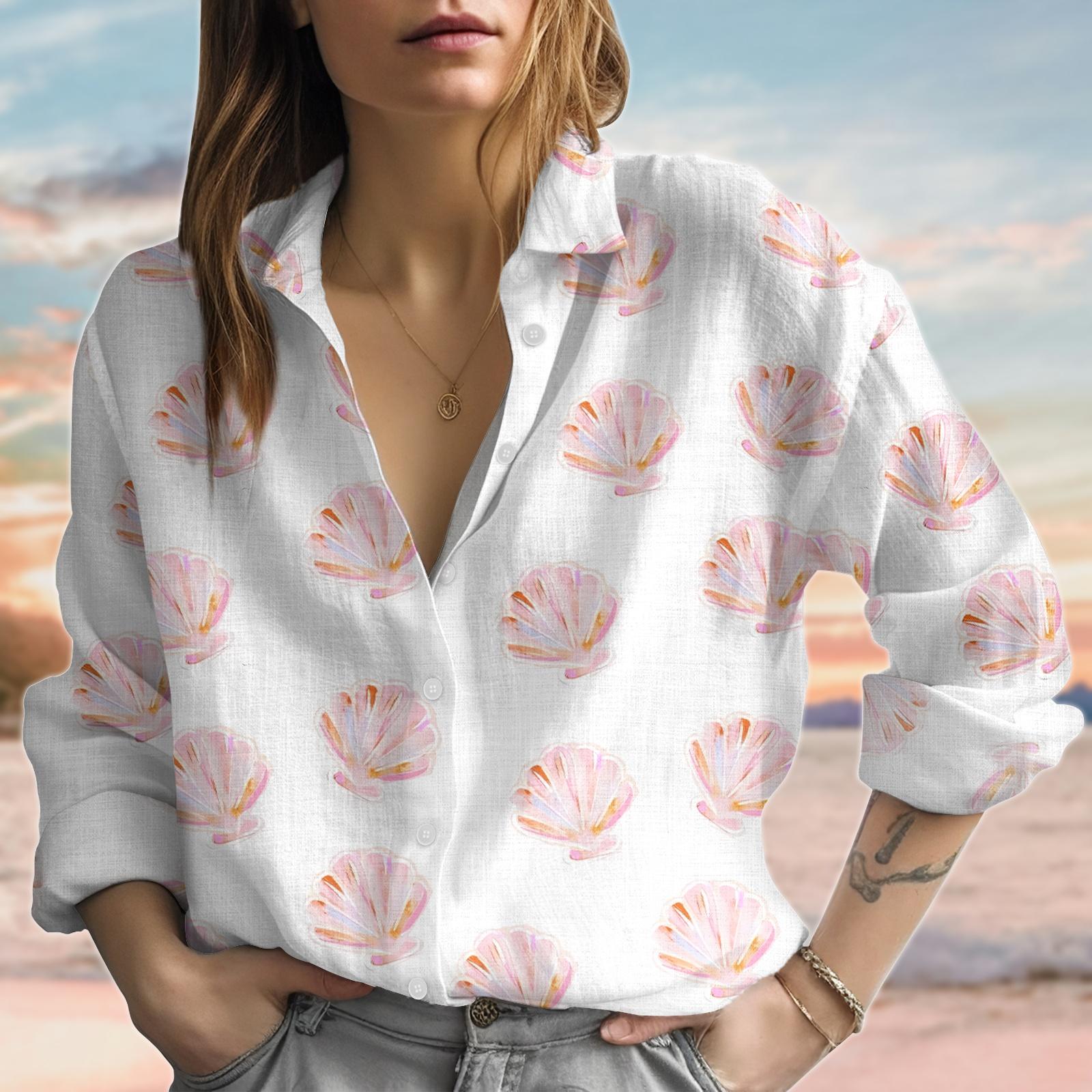 Discover Seashell Blouse Shirt, Beach Button Up Shirt, Summer Coastal Vacation Shirt, Ocean Women Shirt, Linen-Look Shirt Gift For Her