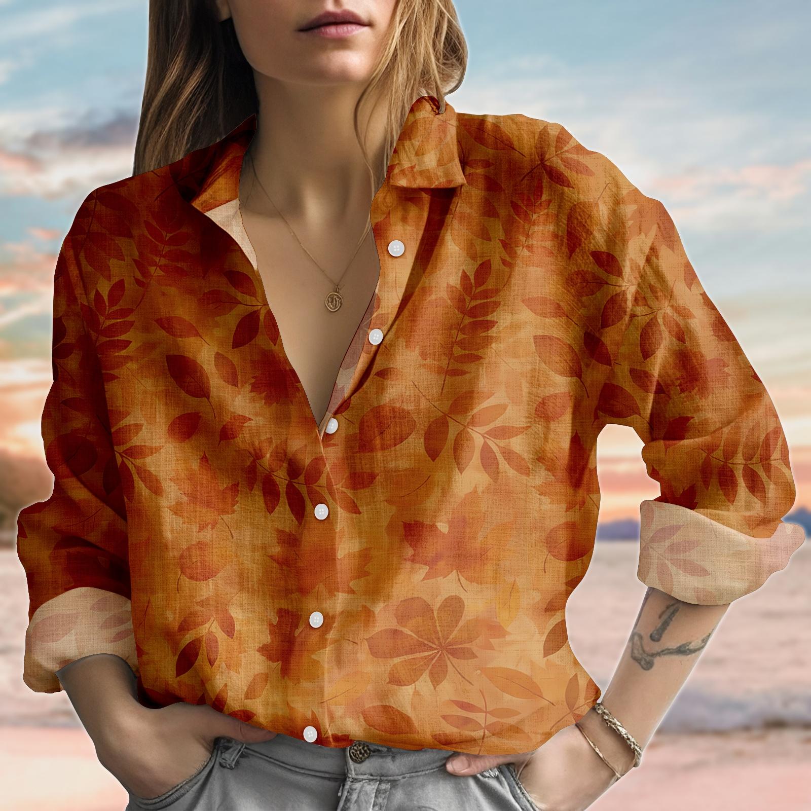 Discover Rustic Autumn Leaf Linen-Look Shirt, Burnt Orange Fall Blouse Shirt, Boho Cottagecore Women Shirt, Nature Casual Shirt, Halloween Gift