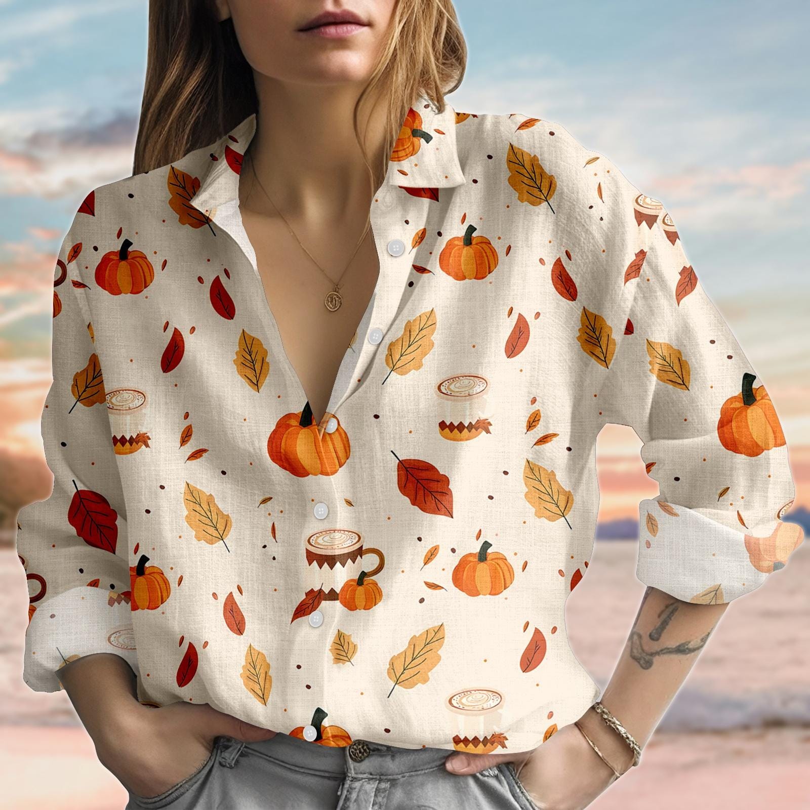 Discover Pumpkin Spice Linen-Look Shirt, Fall Leaf Blouse Shirt, Autumn Coffee Print Women Shirt, Cute Fall Aesthetic Casual Shirt, Gift For Her