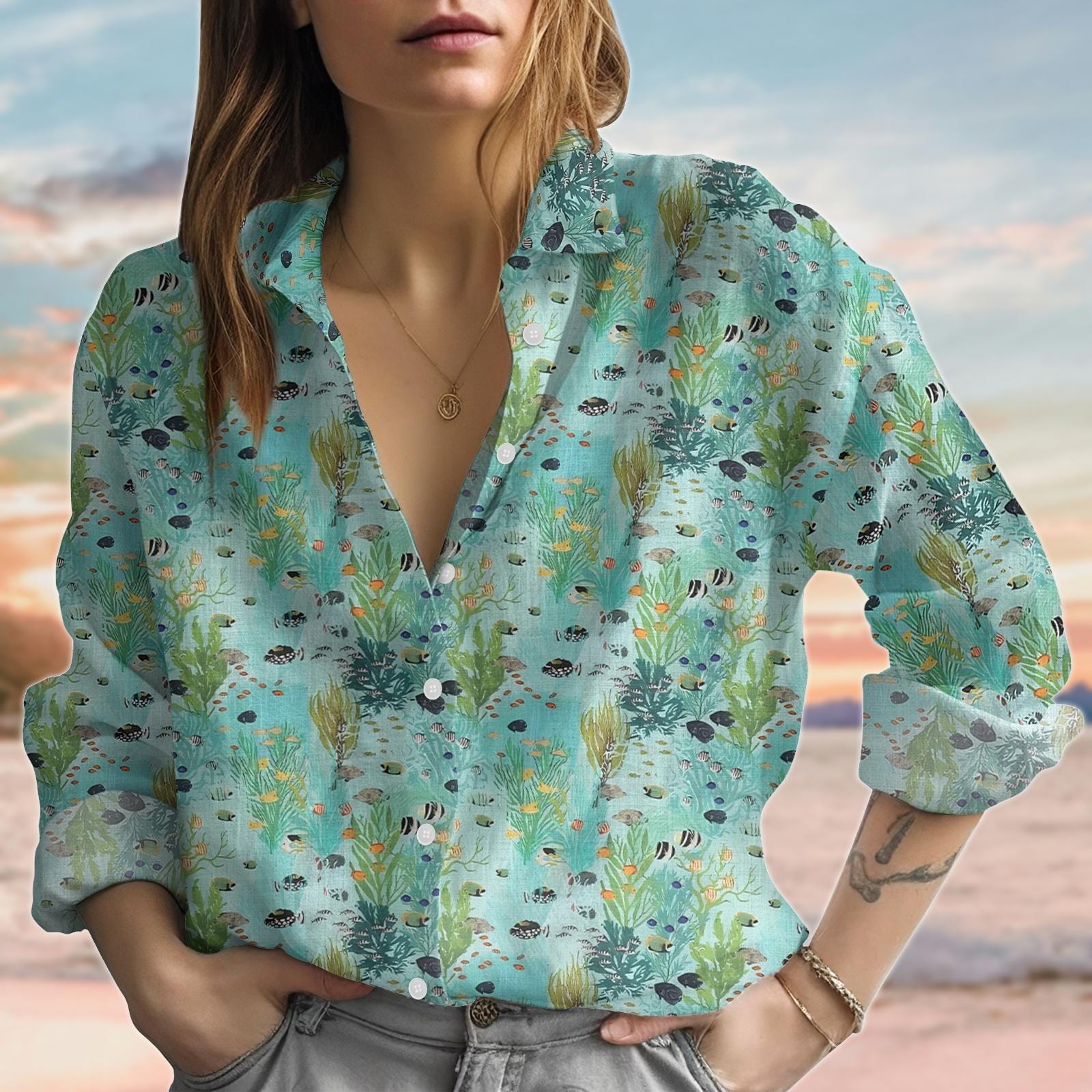 Discover Fish Ocean Linen Look Shirt, Sea Life Blouse Shirt, Sea Creatures Love Casual Shirt, Nature Women Shirt, Vacation Shirt, Gift For Her