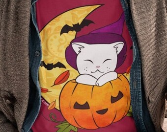 Halloween Cat, Cat Lover Gift, Cat Shirt, Jack o Lantern, Festive T-Shirt, Crescent Moon, Spooky Shirt, White Cat, Plus Size Shirt, Unisex