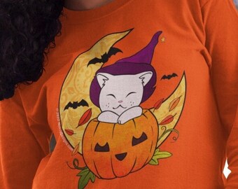 Spooky Sweatshirt, Halloween Cat, Festive Sweater, Cat Lover Gift, Holiday Sweatshirt, Plus Size, Unisex, Halloween Gift, White Cat, Pumpkin