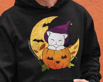 Halloween Hoodie, Cat Lover Gift, Spooky Sweater, Cat Hoodie, Unisex Hoodie, Plus Size Clothing, White Cat, Crescent Moon, Kawaii Goth