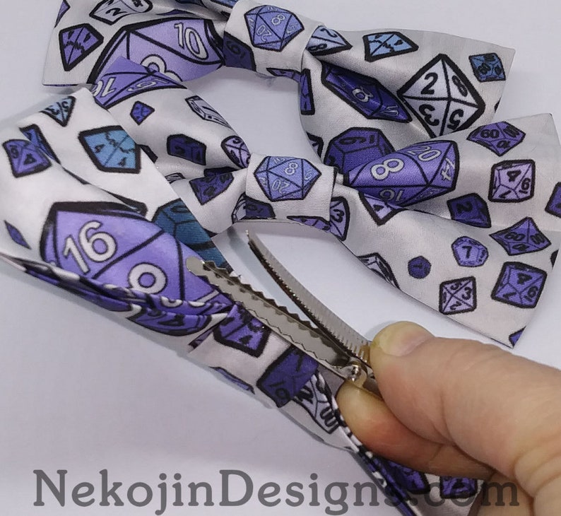 geek clothing accessory handmade clip on bowtie hairclip gender neutral dungeons dragons purple mage Dice Gamer Bow Tie Hair Clip