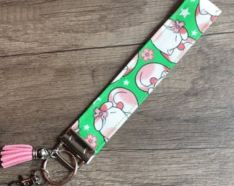 Sakura Cat, Wristlet Keychain, Wrist Strap, Wrist Lanyard, cherry blossom keychain, pink kitty, cat lover gift, Flower Keychain