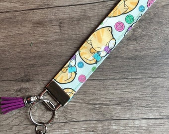 Sew Cute Cat, Wristlet Keychain, Wrist Strap, Wrist Lanyard, sewing enthusiast keychain, orange cat, cat lover gift, Button Keychain