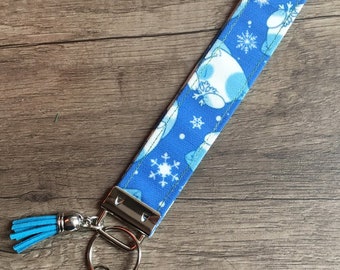 Snow Cat, Wristlet Keychain, Wrist Strap, Wrist Lanyard, snowflake keychain, blue cat, cat lover gift, Winter Keychain, water elemental