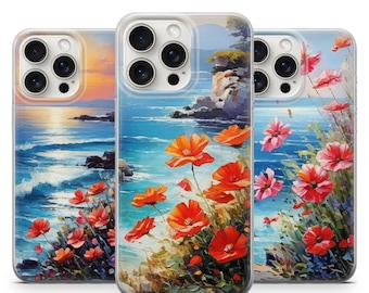 Ocean Flower Phone Case Hand-painted Art for  iPhone15 14 13 12 11 Pro Max XR 7 8, SamsungS24 S23 S22 FE Note 20, Google Pixel 7A.