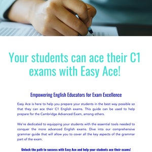 Peut inclure: Un graphique bleu et blanc avec le texte "Vos &eacute;l&egrave;ves peuvent r&eacute;ussir leurs examens de C1 avec Easy Ace !" et le texte "Donner du pouvoir aux &eacute;ducateurs en anglais pour l'excellence des examens". Le graphique comprend &eacute;galement le texte "Easy Ace est l&agrave; pour vous aider &agrave; pr&eacute;parer vos &eacute;l&egrave;ves de la meilleure fa&ccedil;on possible afin qu'ils puissent r&eacute;ussir leurs examens d'anglais de niveau C1. Ce guide peut &ecirc;tre utilis&eacute; pour aider &agrave; se pr&eacute;parer &agrave; l'examen Cambridge Advanced, entre autres."