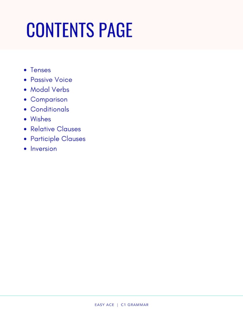 Peut inclure: Une page avec une liste de sujets de grammaire anglaise, y compris les temps, la voix passive, les verbes modaux, la comparaison, les conditionnels, les souhaits, les propositions relatives, les propositions participiales et l'inversion. Le titre de la page est "CONTENTS PAGE".