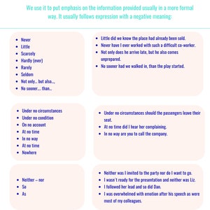 Peut inclure: Un graphique avec le mot "Inversion" dans un encadr&eacute; bleu. Le graphique explique comment utiliser l'inversion en grammaire anglaise. Il comprend des exemples de phrases qui utilisent l'inversion, telles que "Never have I ever worked with such a difficult co-worker." et "Under no circumstances should the passengers leave their seat."