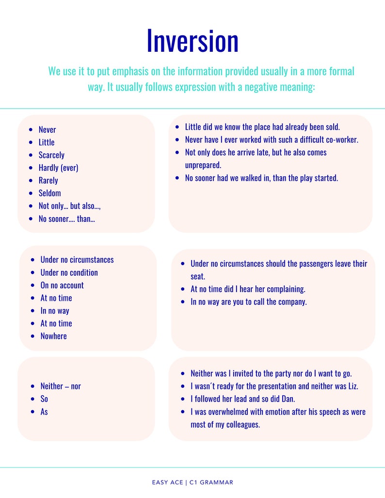 Peut inclure: Un graphique avec le mot "Inversion" dans un encadr&eacute; bleu. Le graphique explique comment utiliser l'inversion en grammaire anglaise. Il comprend des exemples de phrases qui utilisent l'inversion, telles que "Never have I ever worked with such a difficult co-worker." et "Under no circumstances should the passengers leave their seat."