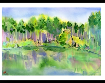 Wald- und See-Aquarell-Originalgemälde, Sintra Portugal, Landschaftswandkunstdekoration