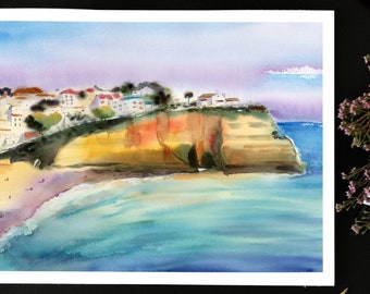 Origineel aquarel schilderij van Carvoeiro, Algarve, Portugal, Zonsondergang stadsgezicht met een strand, Home wanddecoratie aquarel, Landschapskunst