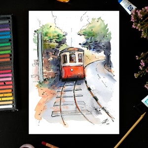 Sintra Tram pittura ad acquerello originale, illustrazione di schizzo urbano di trasporto, arte della decorazione domestica
