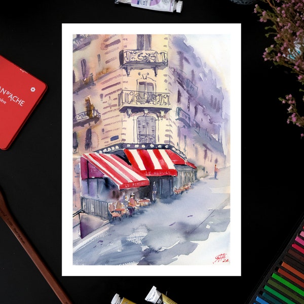 Paris cafe original watercolor painting, architecture illustration aquarelle, cityscape wall art decoration
