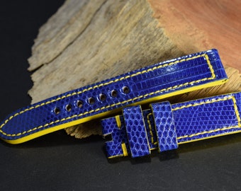 Watch Strap 20/20 130/80 mm Blue Yellow Handmade Band with genuine Lizard Skin Leather 82