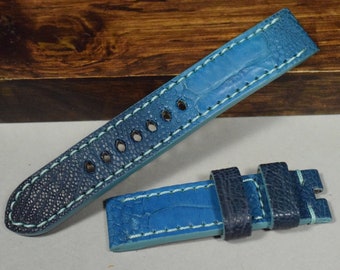 Watch Strap 20/20 115/75 mm Light Blue Handmade Band with genuine Ostrich Leg Skin Leather 75