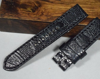 Watch Strap 20/20 115/75 mm Black Shiny Handmade Band with genuine Ostrich Leg Skin Leather 74