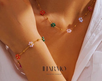 Summer Flower Bracelet & Necklace Set,  Titanium Steel, Gift for Her, Minimalist Set, Flower Jewelry