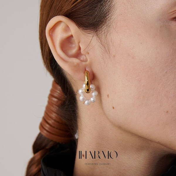 Golden Geometric Pearl Dangle Earrings, Elegant Asymmetry, Stainless Steel, Bijoux Femme Fashion Jewelry