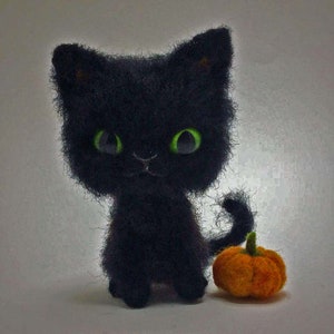 ニードルフェルトキット - ハロウィン黒猫 - 初心者向け - ふわふわの毛のテクニックを学ぶ - フェルト