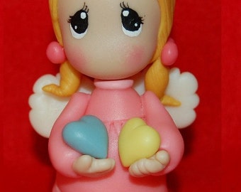 Pink Angel with Hearts - Cold Porcelain Figurine - Hand made