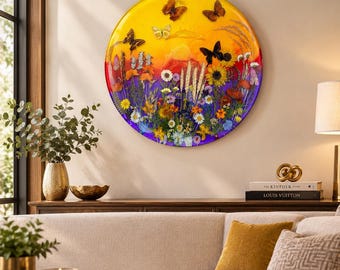 Captured Sunset Pressed Flower and Butterfly Resin Art 18 inches round