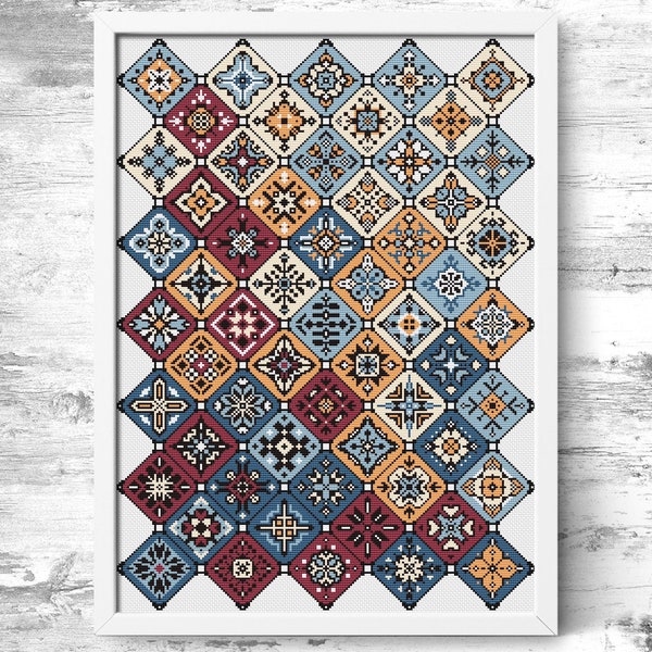 Cross stitch pattern geometric sampler Folk art patchwork Squares ornament Easy cross stitch chart PDF Modern embroidery Instant download