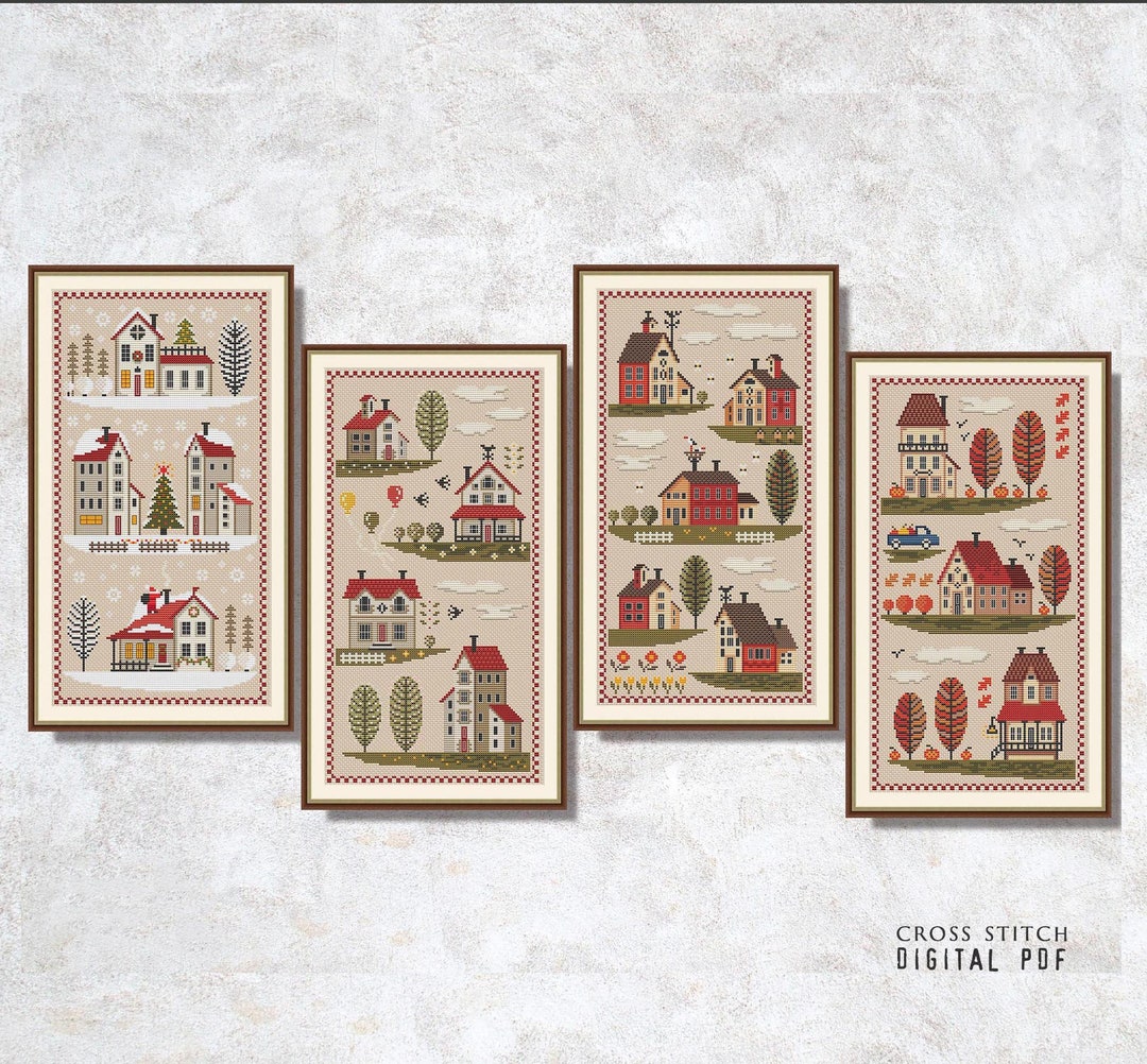 4 Seasons Cross Stitch Pattern PDF Set Winter Spring Summer Autumn