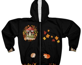 grafische hoodie, herfst, hoodie met rits, paddestoel, unisex kleding, esthetisch, grafisch T-shirt