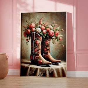 Floral Cowboy Boots Poster, Minimalist Southern Wall Art, Girly Pink Poster, Vintage Western Cowgirl Art, Aesthetic Typographic Preppy Print