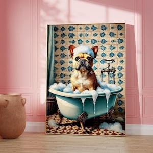 Cute Puppy in Bathtub Print, Aesthetic Dog Wall Art, Preppy Bathroom Art Print, Funny Bathroom Art, Trendy Digital Wall Art, Dog Mom Gift