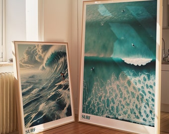 Surf Wall Art, Set Of 2 Digital Ptints, Blue Coastal Surf Up Poster, Digital Print, Ocean Art Print, Room Decor, Surfer Gift, Surf Lovers