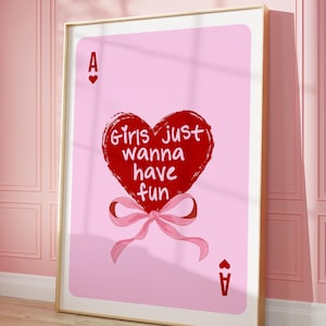 Grappige 80's Girls Just Wanna Have Fun Print, speelkaart retro print, roze trendy kunst aan de muur, kaart poster, appartement esthetiek, preppy poster