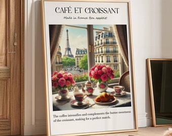 French Cafe et Croissant Print, French Breakfast, Bistro Coffee Poster, Kitchen Decor, coffee print, coffee poster, Eiffel tour, Paris Print