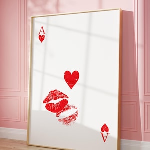Kus print, kus kunst aan de muur, poster aas, retro speelkaart print, roze trendy kunst aan de muur, kaart poster, appartement esthetiek, liefdescadeau