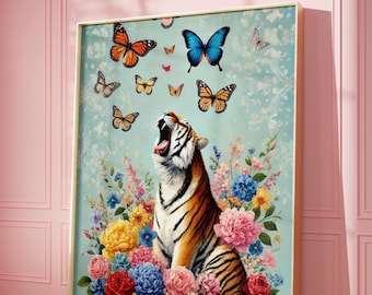Peinture tigre, impression numérique tigre, art mural génial, décoration de dortoir, impression animalière art floral, art mural maximaliste, affiche colorée, tigre tendance