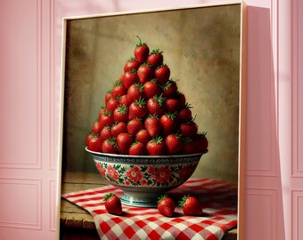 Erdbeere Wandkunst, Retro Erdbeere Kunstdruck, Erdbeeren Schüssel druckbare Kunst, Rosa Küche Wanddekor, Preppy Print, Obst Art