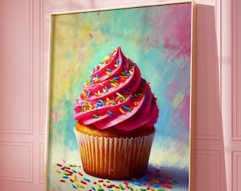 Pink Cupcake Art Print, Cupcake Wall Art, Retro Food Art Poster, Sprinkles, Foodie Art, Kitchen Art, Digital Print, Foodie Gift