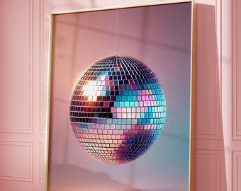 Póster de bola de discoteca rosa, cuadro maximalista de bola de discoteca, impresión de discoteca funky de los años 70, impresión femenina rosa, decoración de dopamina de moda, impresión de bola de espejos