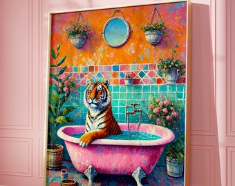 Druckbare Kunst, Tiger in der Badewanne Maximalist Ölgemälde, Tiger Poster, Bunt Trendiger Badezimmer Druck