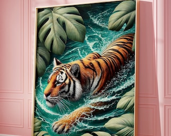 Tiger Wall Art, Tiger Poster, Jungle painting, Animal wall art, Safari animals, Jungle illustration, Tiger swimming, Tiger Lover Gift