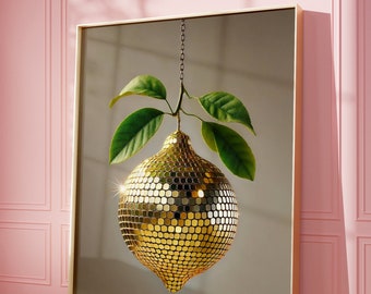 Stampa retrò con palla a specchio da discoteca al limone, poster con carrello da bar con palla a specchio, arte da parete con palla di agrumi preppy, decorazioni per la casa con cibo funky, stampa con palla da discoteca