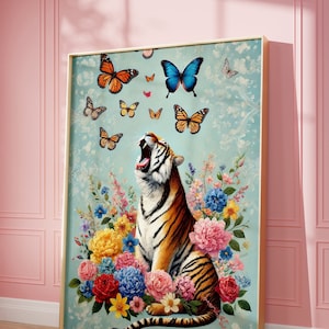 虎の絵、虎のデジタルプリント、ファンキーな壁アート、寮の装飾、花のアート動物プリント、マキシマリストの壁アート、カラフルなポスター、トレンディな虎