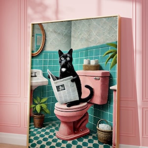 May include: A black cat sits on a pink toilet in a bathroom with turquoise tile walls. The cat is reading a newspaper with the headline "Cat Claims Throne".